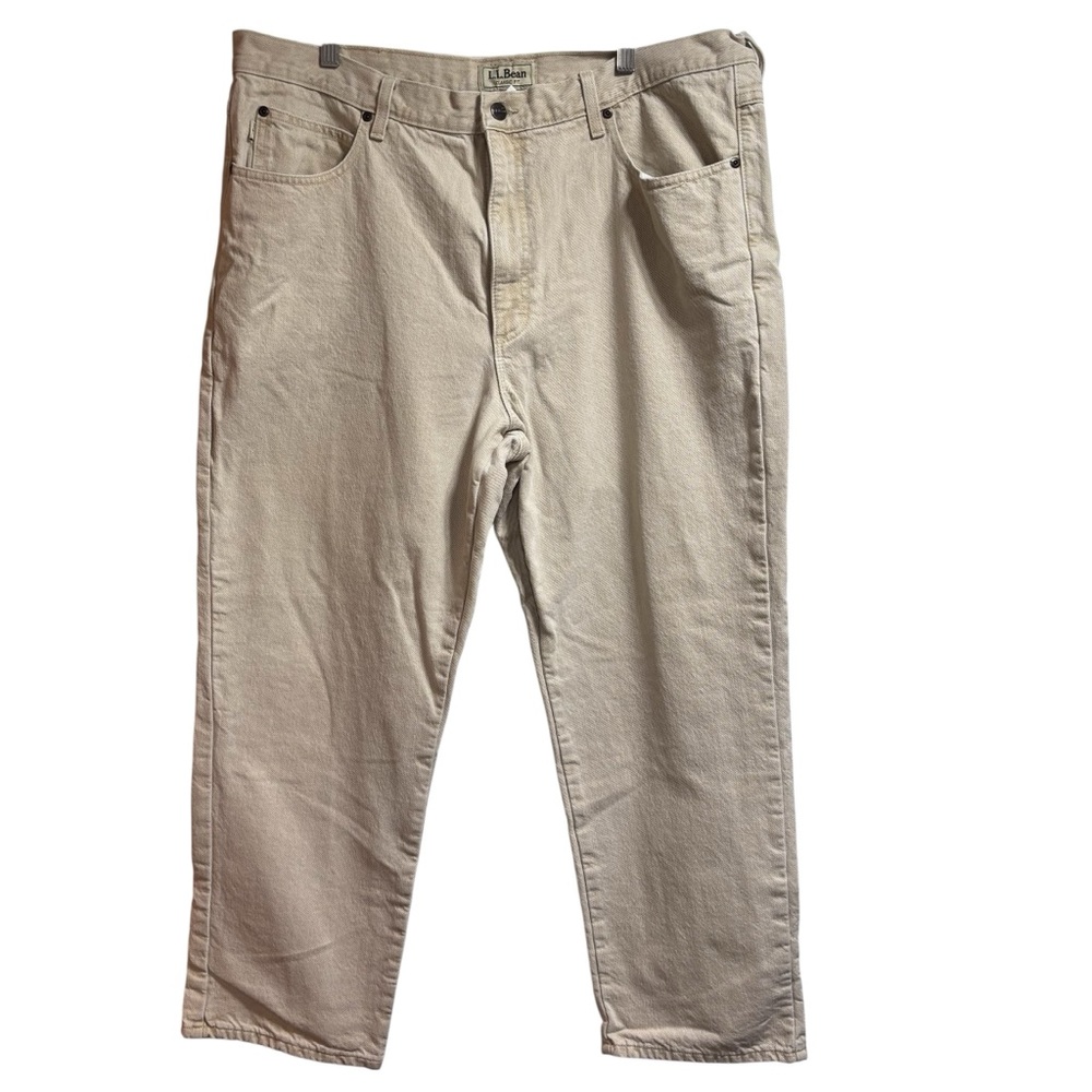 LL‎ Bean Classic Fit Flannel Lined Jeans Tan Plaid Mens Straight Leg Denim #700